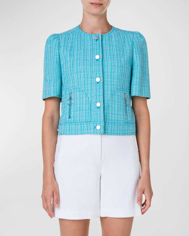Puff-Sleeve Cotton-Linen Tweed Jacket